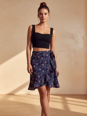 Rhea Feminine & Flattering Navy Blue Floral High Rise Flowing Wrap Skirt